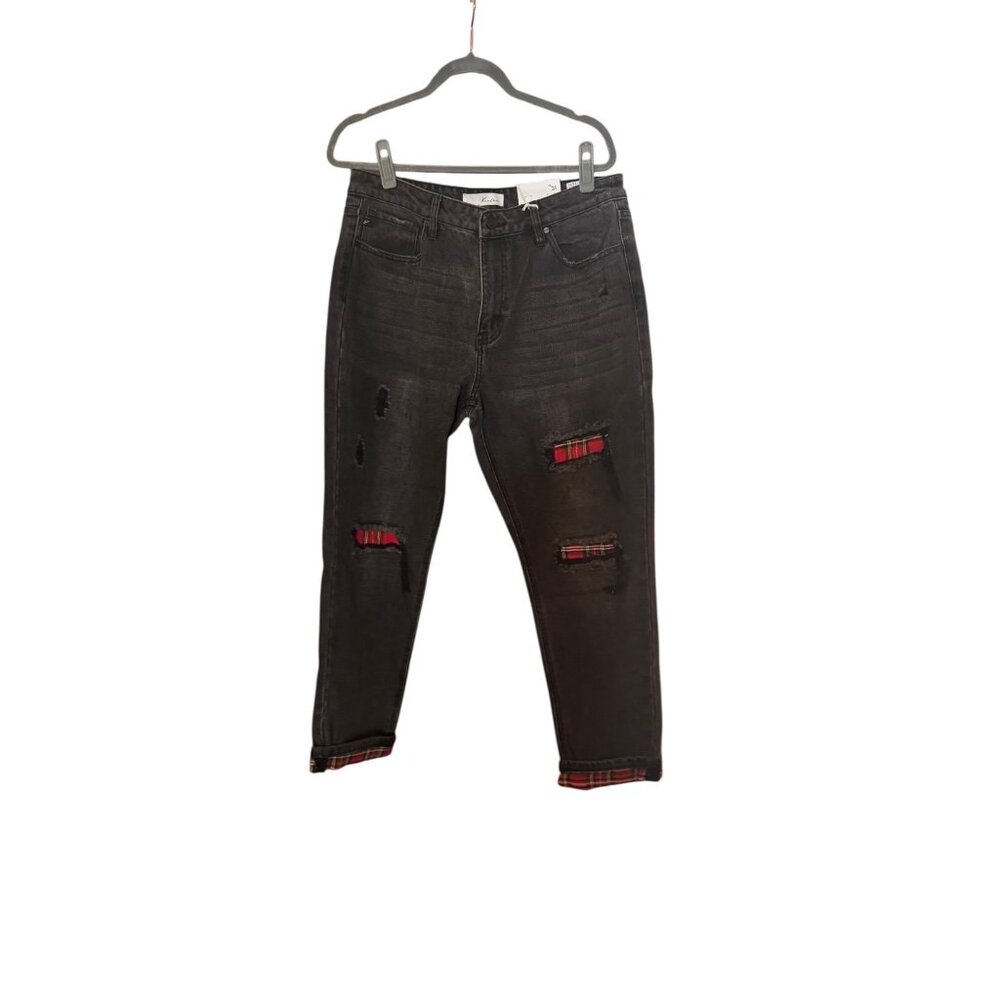 Kancan Womens Black Peek A Boo Distressed Patch Jeans Straight Leg Size 15/31